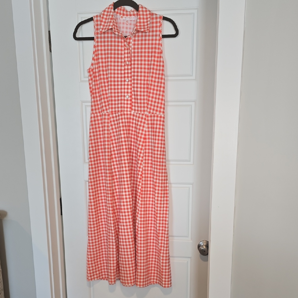 Gingham Sleeveless Dress Orange And White